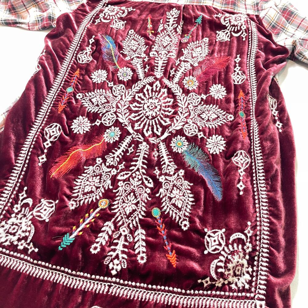 Johnny Was 3J Workshop Lorie Boho Plaid Button Down Embroidered Velvet Back Sz M - Picture 9 of 16